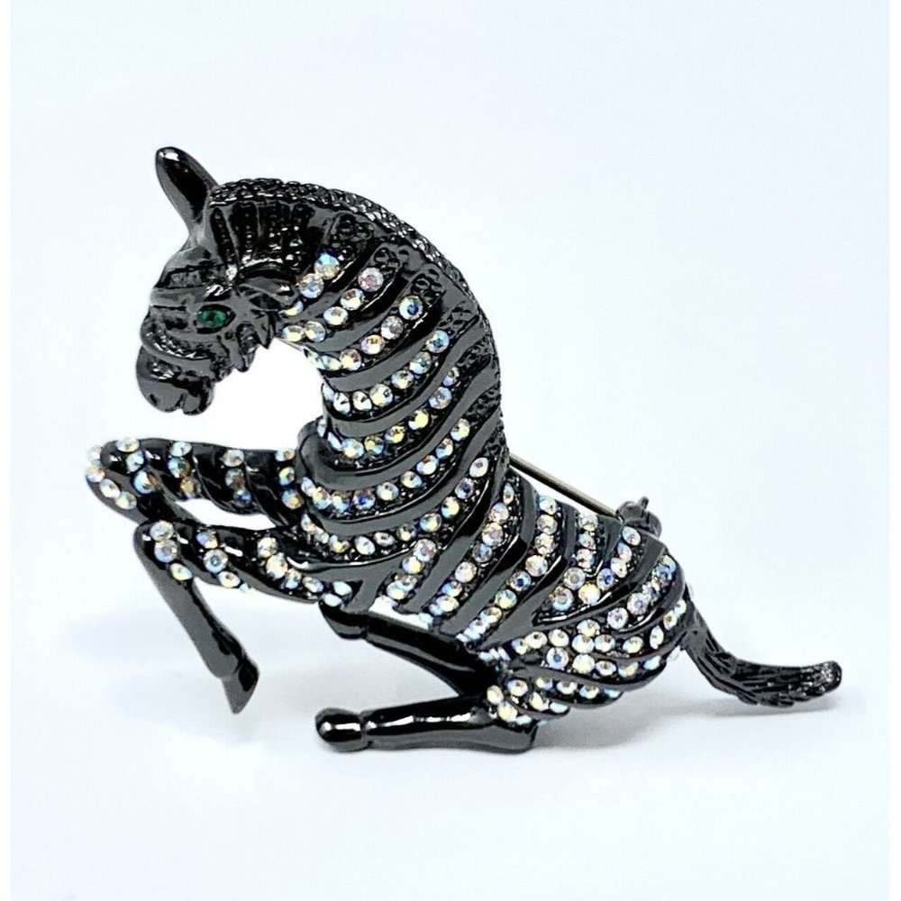 Black Stallion Horse Enamel Crystal Rhinestone Pin Brooch Vtg